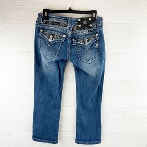Miss Me Rhinestone Patterned Straight Leg Mid-Rise Capri Jeans